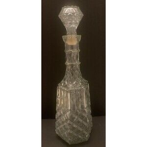 Vintage clear Glass hexagonal bottle decanter w stopper diamond & flower 15"